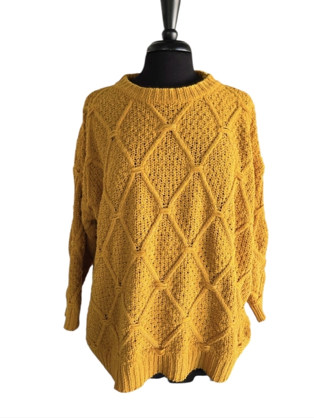 POL Mustard Cable Diamond Knit Crewneck Sweater Cozy Soft Chunky Knit Pullover